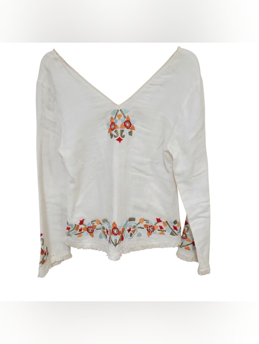 Boho women's embroidered hippie fringe Size XS/S gauzy blouse tunic